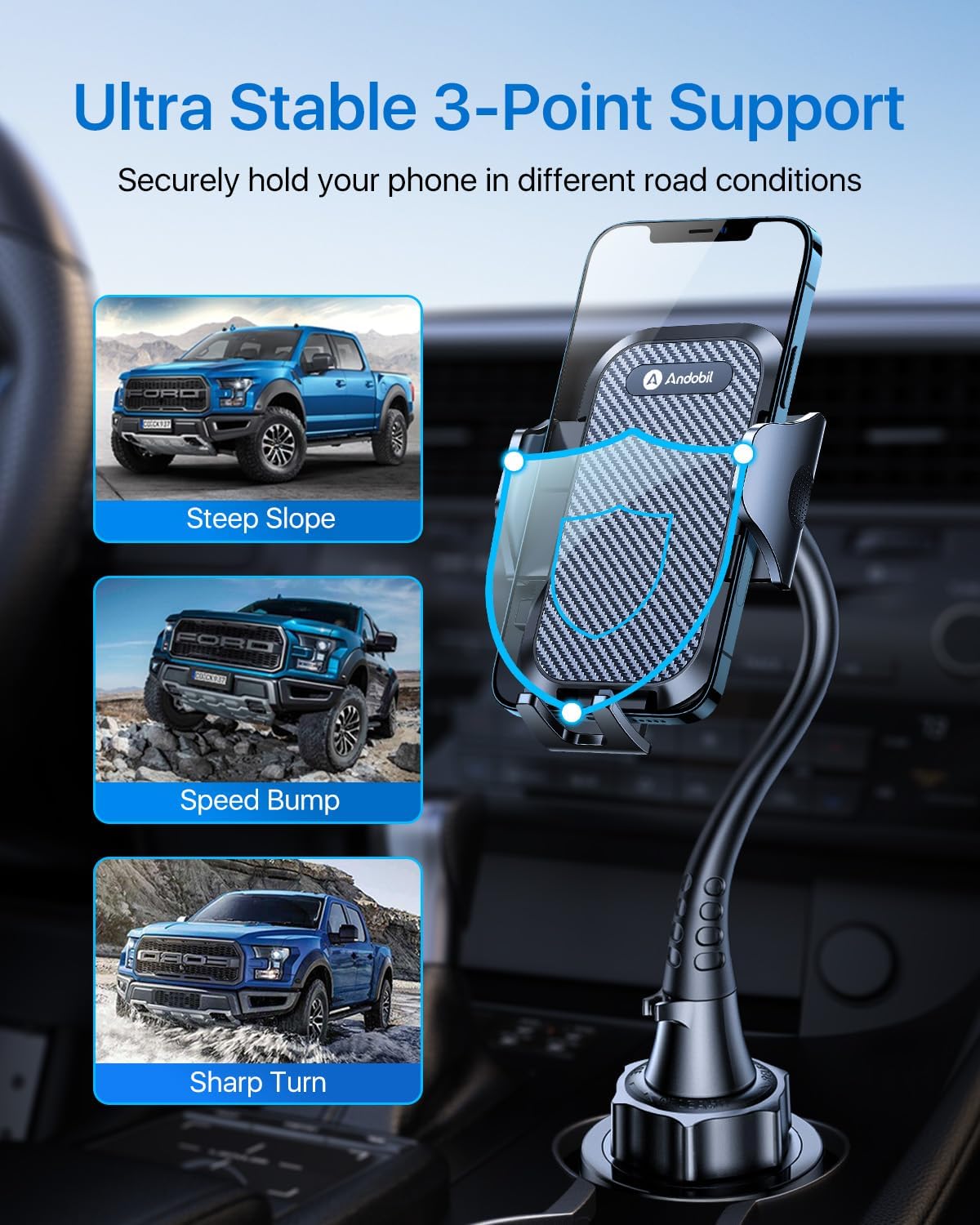 andobil Upgraded 15 Cup Holder Phone Holder, 【Solidest & Adjustable】 Military-Grade Long Gooseneck Cup Phone Holders for Your Car Truck, Car Phone Holder for iPhone 17 Pro Max 16 15 14/Samsung/Pixel